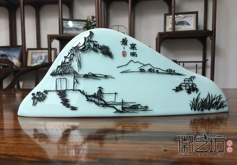 新中式艺术陶瓷写意山水铁画《寒雨潇潇》