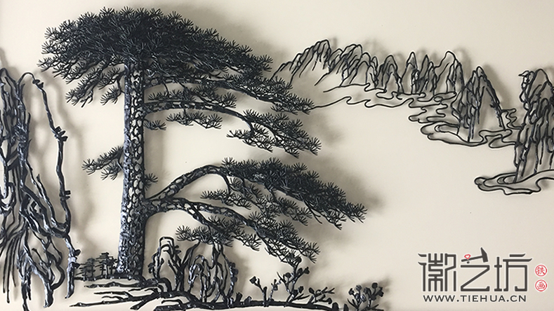 鸡翅木双面旋转台屏铁画迎客松细节图